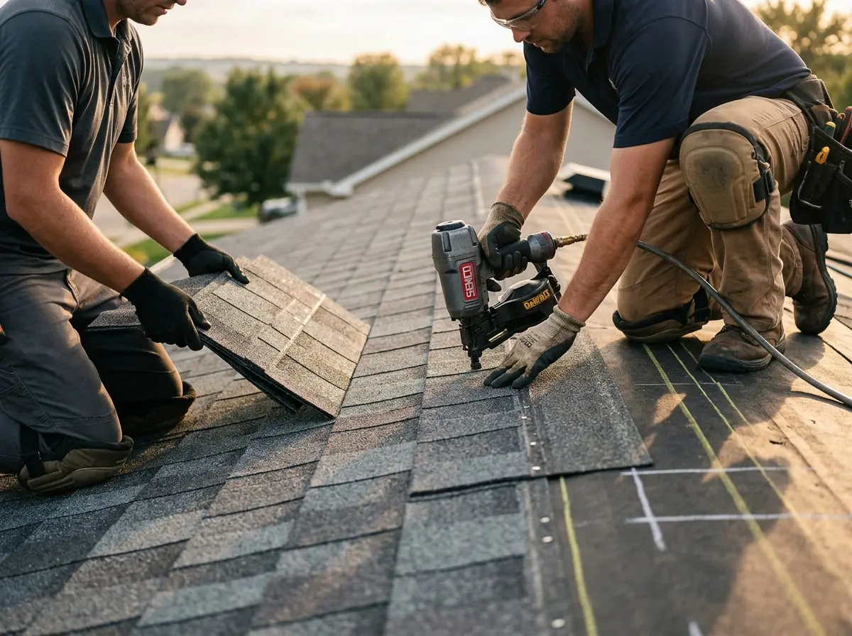 Professional roofer working on a residential roof in Kokomo